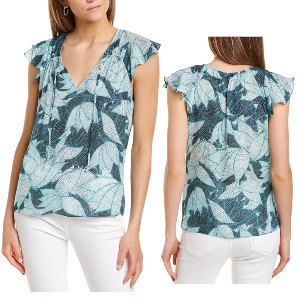 Parker 100% Silk Hannah Leaf Flutter Sleeve V Neck Blouse Top Blue